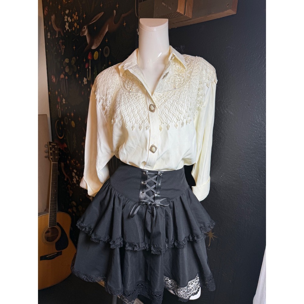 Vintage R&M Richards Karen Kwong Lace Yoke Blouse Off White Cream 12P USA Made